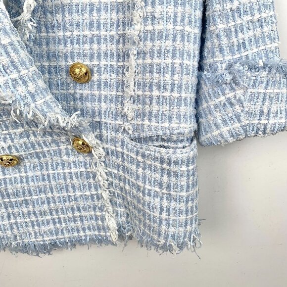 Balmain Light Blue Double-Breasted Tweed Fringe Suit Jacket Size 40/M - Picture 4 of 7